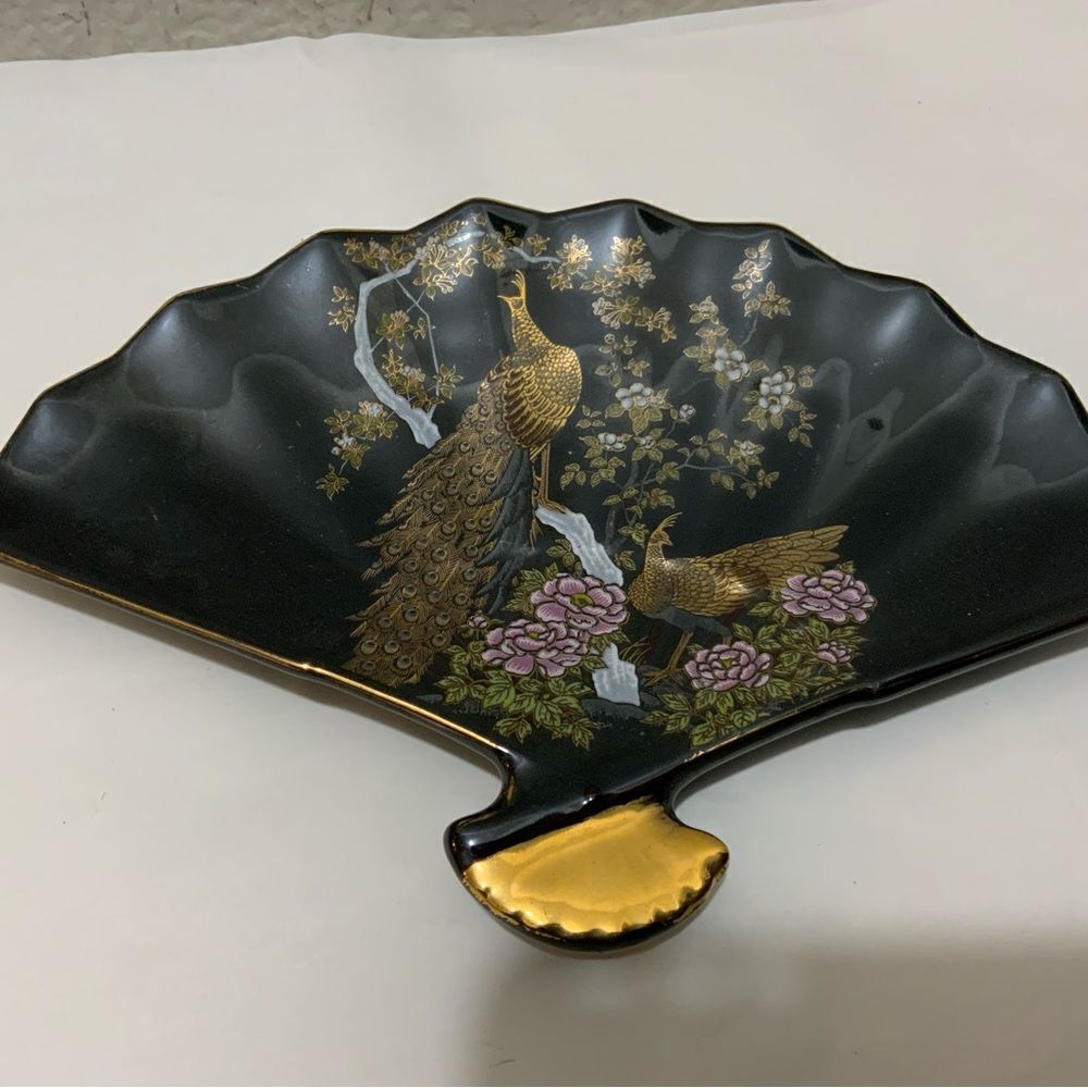 Vintage Blue Cobalt Fan-Shaped Floral Ceramic Dish Tray with Peacocks Gold Trim